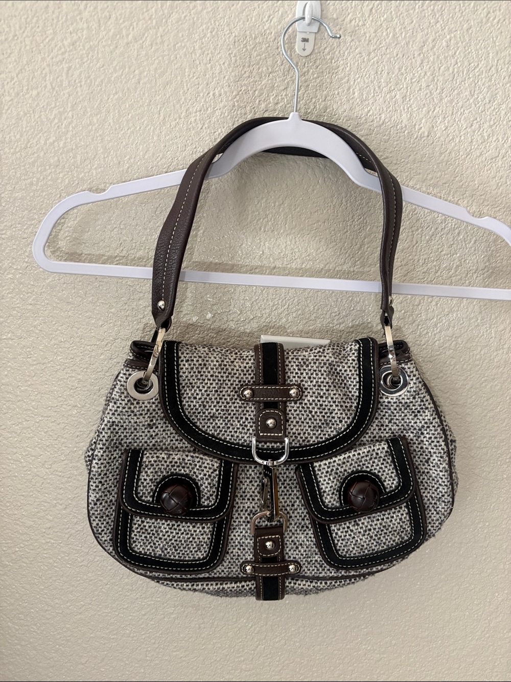 Rafe Brown and Cream Textured Shoulder Bag with Contrast Trim